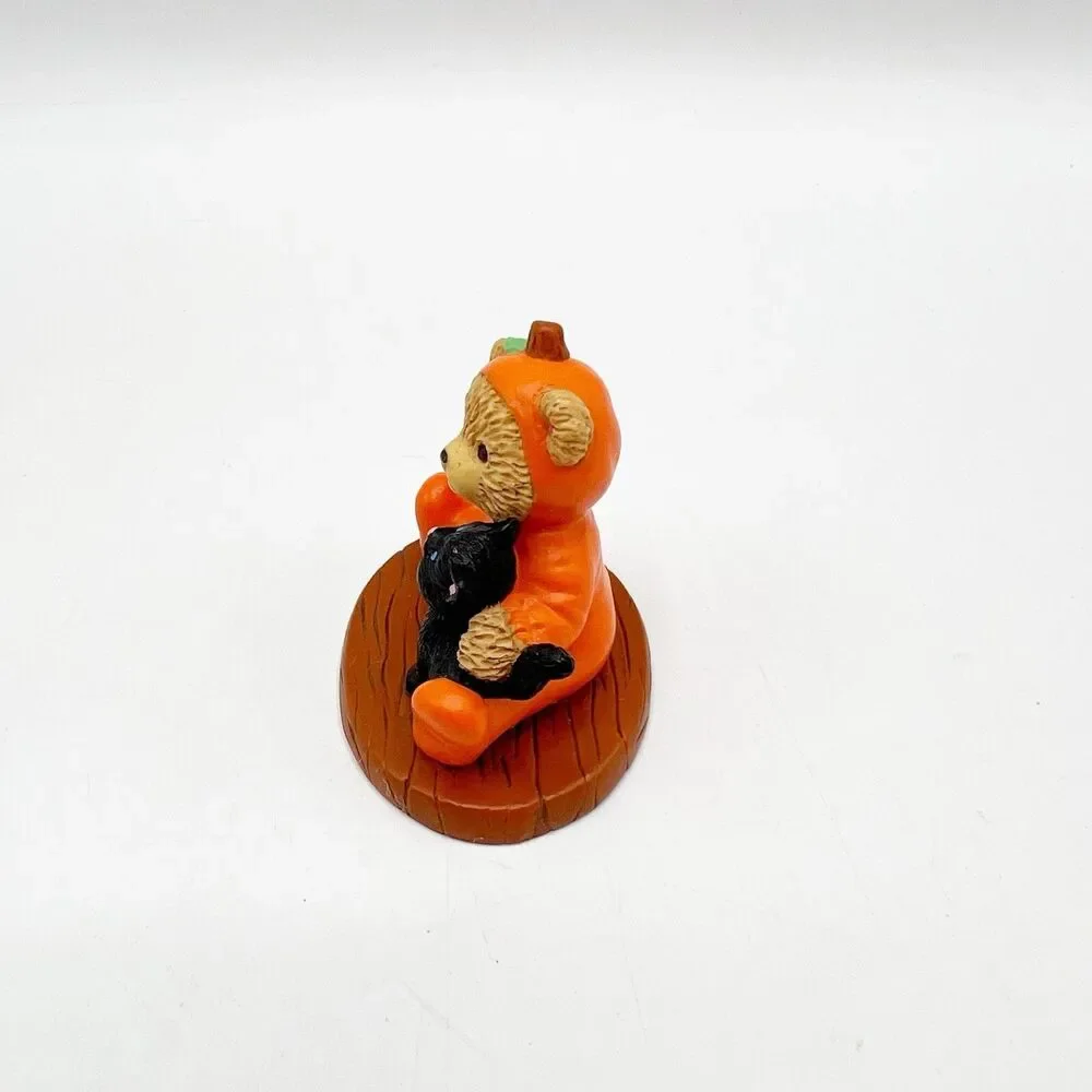 Vintage Russ Lil Haunters Teddy Bear Pumpkin Black Cat Halloween Figurine 2.75